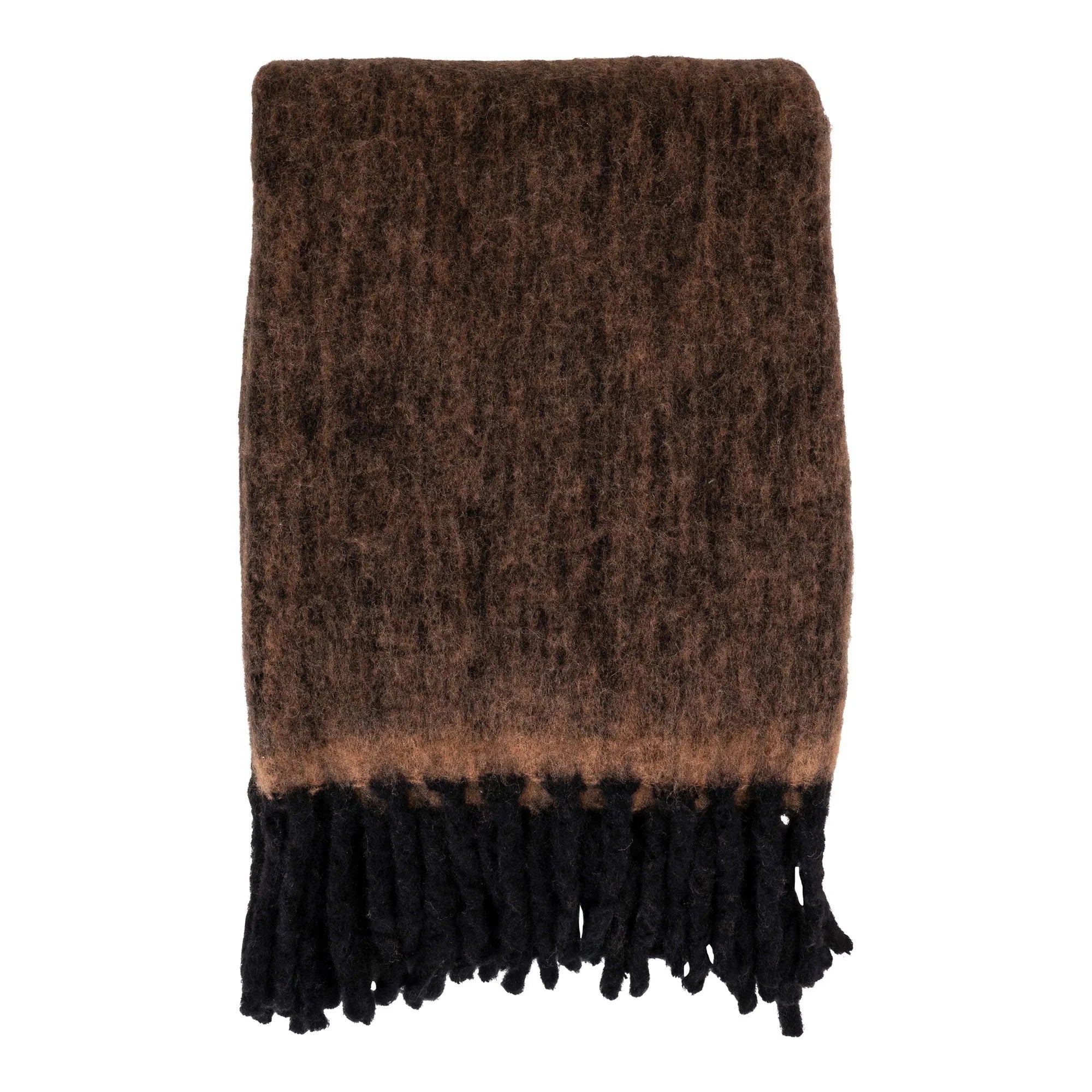 Plaid duveteux marron foncé en laine mélangée à franges noires texturé