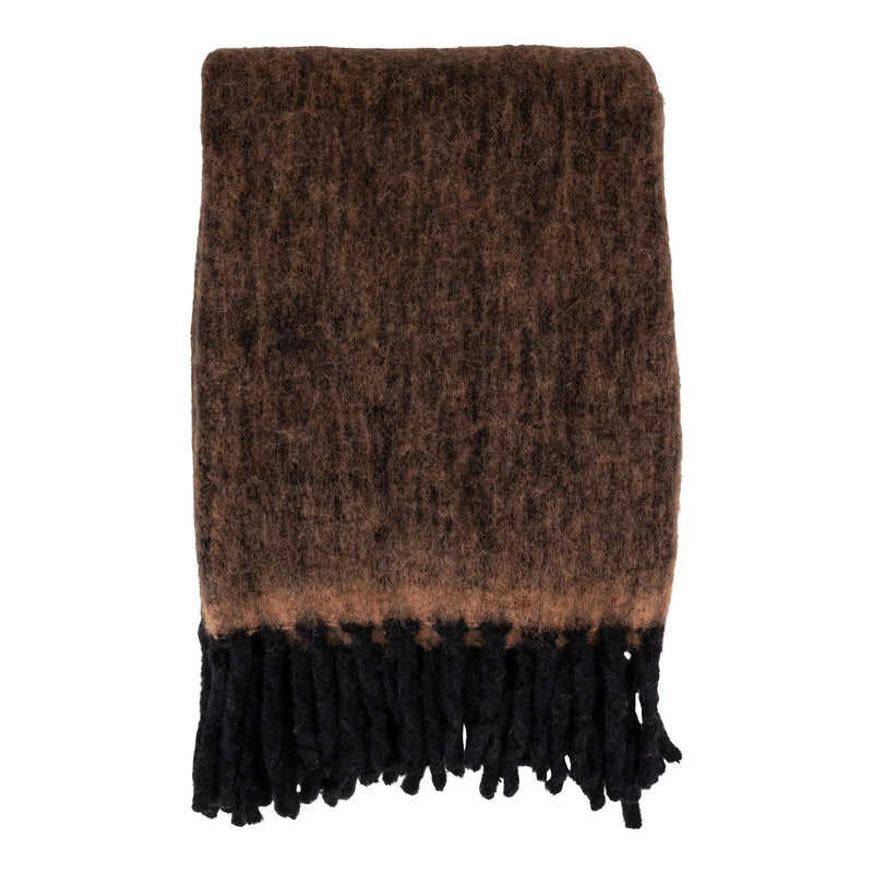 Plaid duveteux marron foncé en laine mélangée à franges noires