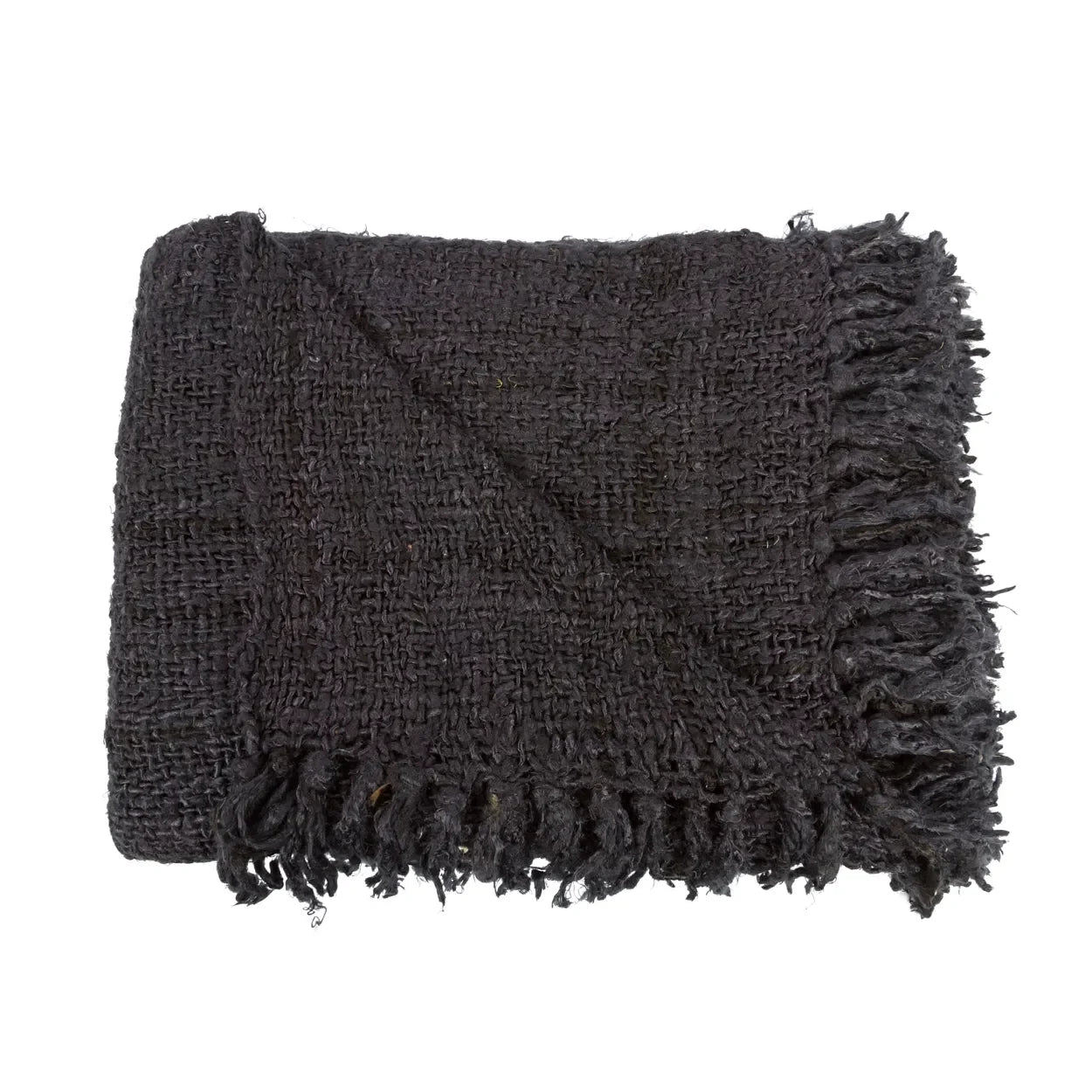 Plaid rectangulaire en coton tissé noir avec franges, doux jeté noir en tissu de qualité