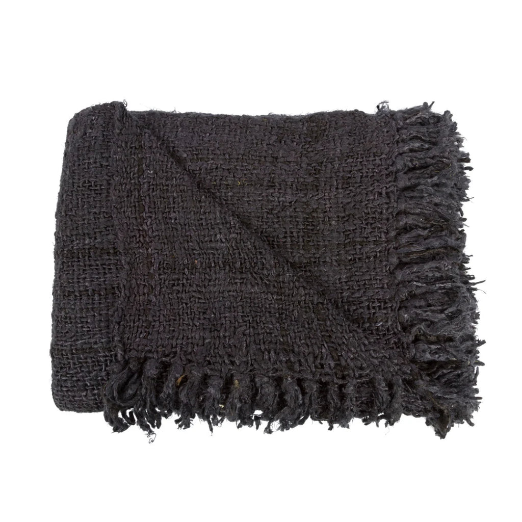 Plaid rectangulaire en coton tissé noir avec franges, couverture en gris foncé
