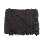 Plaid rectangulaire en coton tissé noir avec franges, couverture en gris foncé
