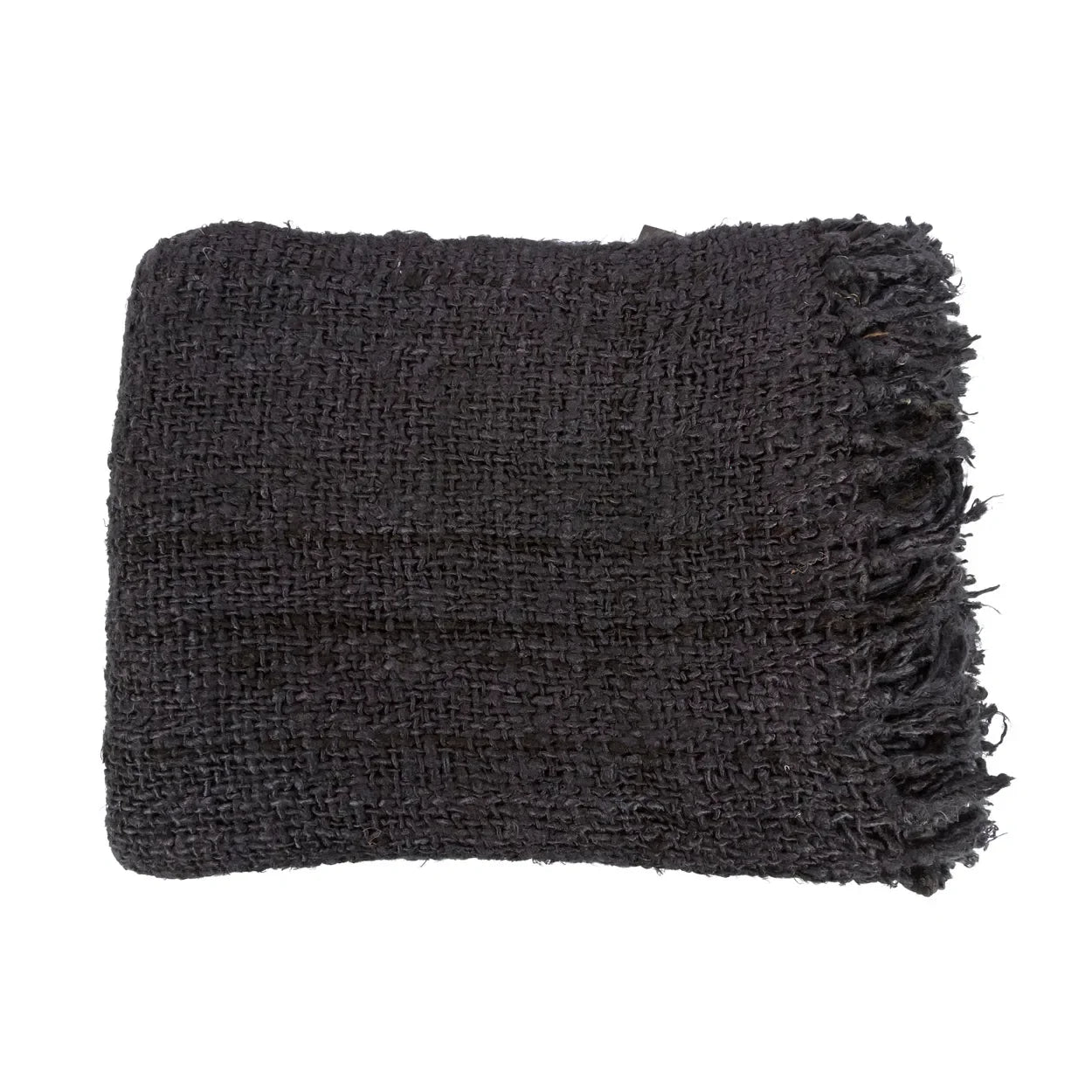 Plaid rectangulaire en coton tissé noir avec franges, couverture tissée sombre et élégante
