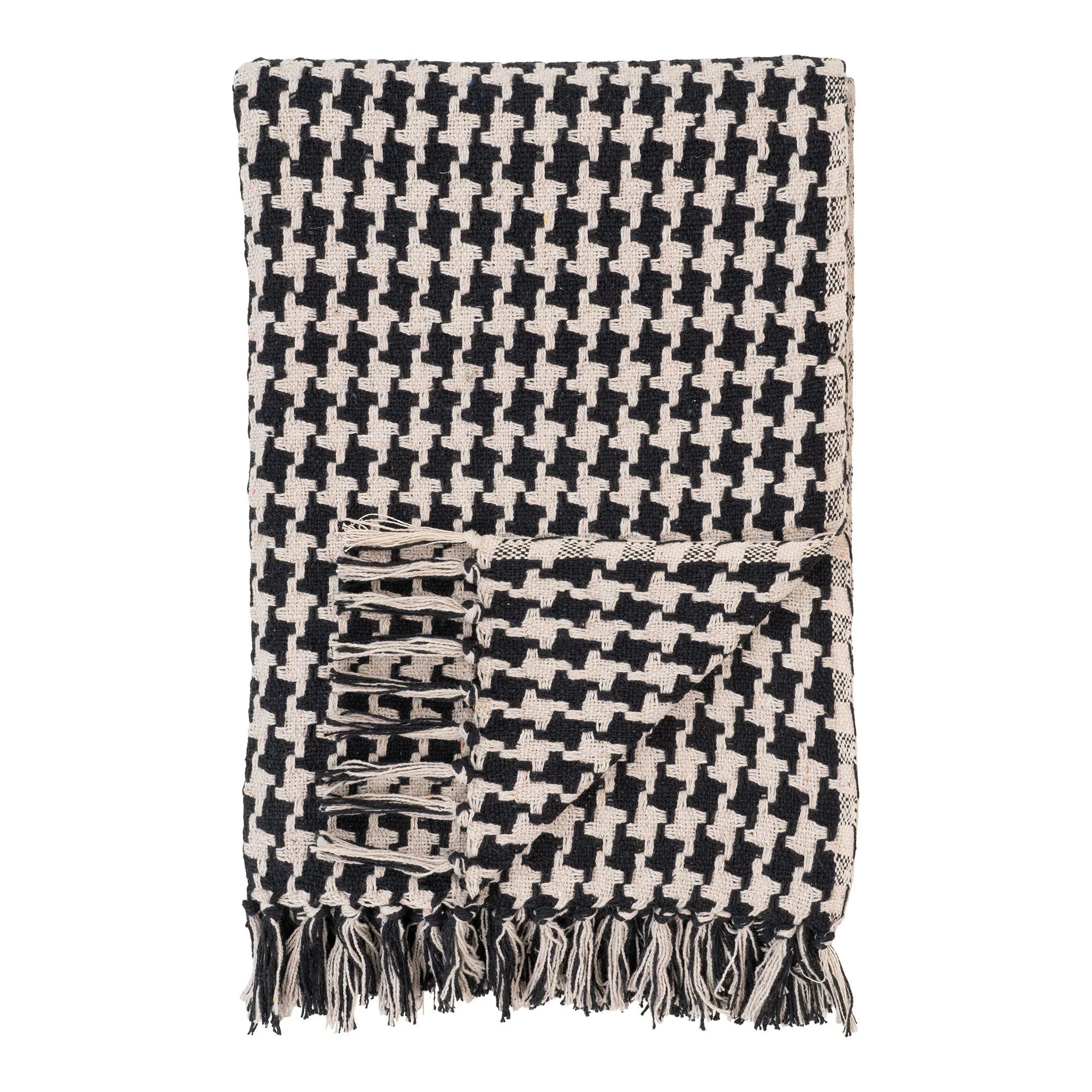 Plaid tissé pied-de-poule noir et beige à franges pour canapé