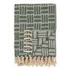 Plaid tissé réversible vert et écru en coton recyclé avec franges, 130x180 cm