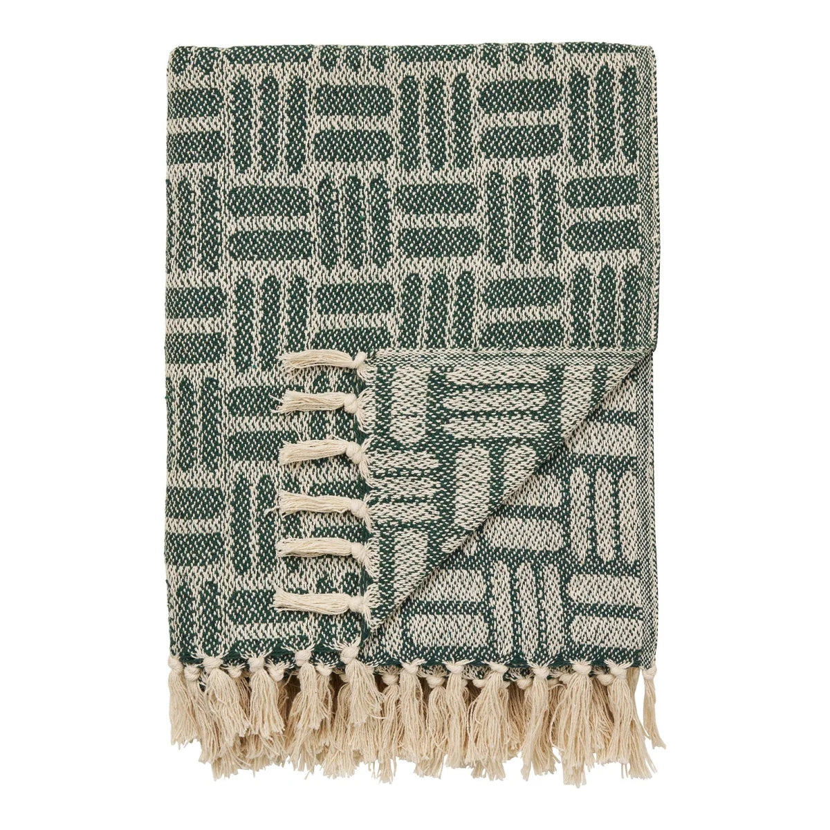 Plaid tissé réversible vert et écru en coton recyclé avec franges, 130x180 cm