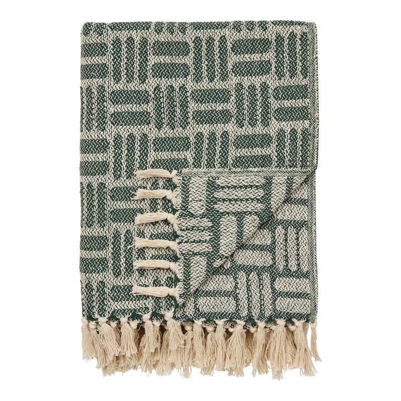 Plaid tissé réversible vert et écru à franges en coton recyclé – 130x180 cm