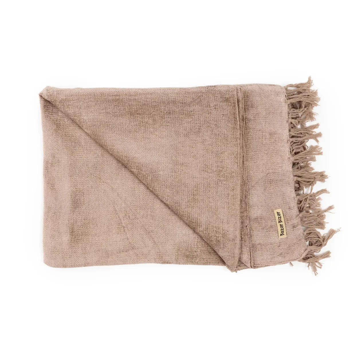 Plaid en velours frangé beige plié avec franges, taille 130x170 cm, tissé main