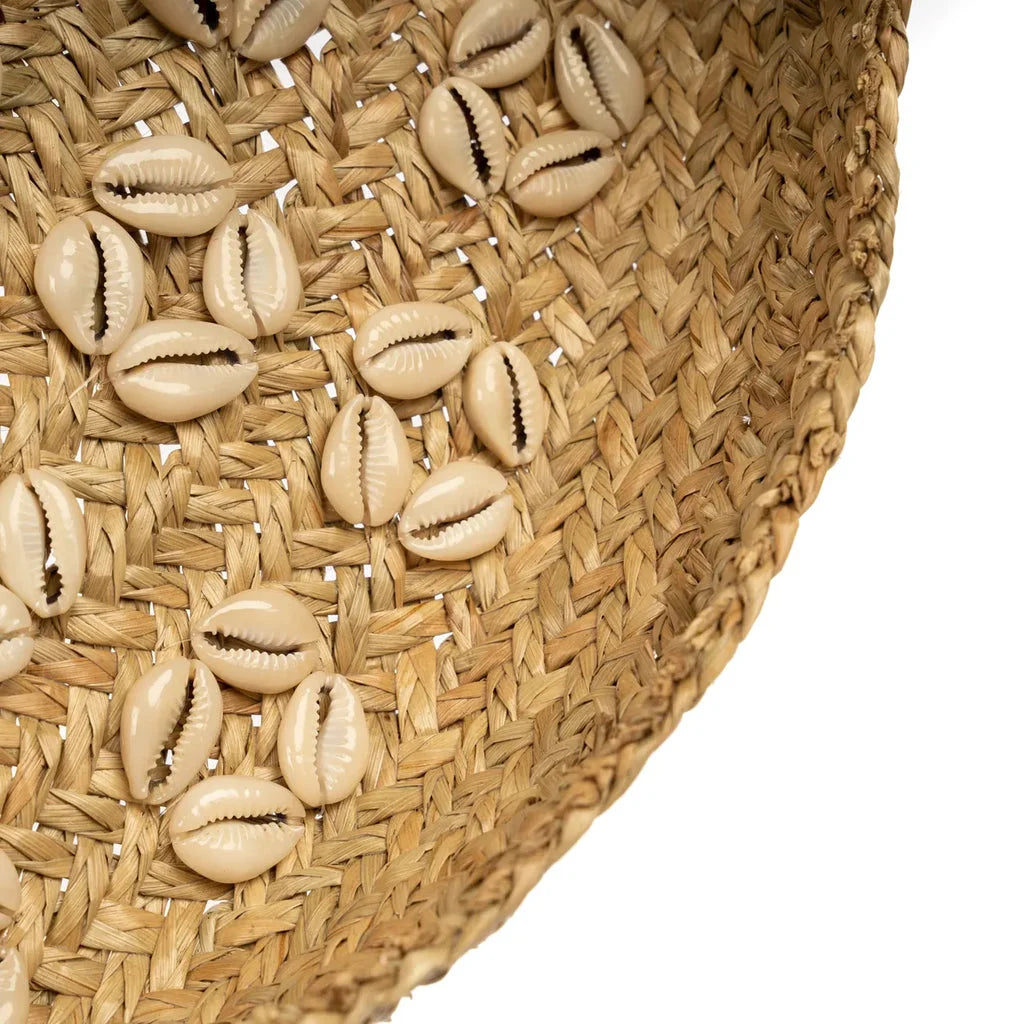 Coquillages Cowrie dans un panier tissé pour la plaque de coquillage Caribe Blanc naturel M_40