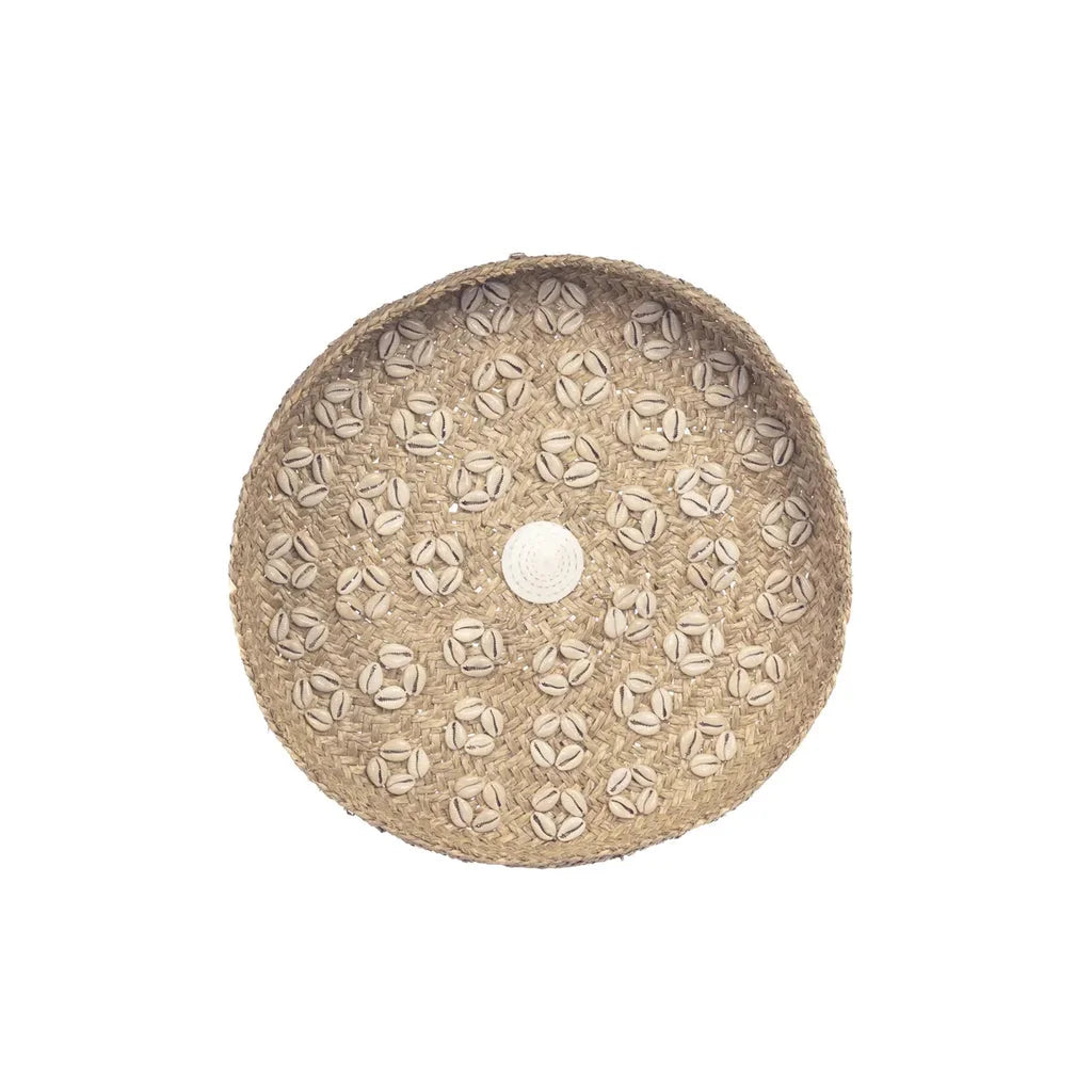 Plateau rond en tressage avec accents de coquillages pour la décoration Caribbean Blanc naturel M_40