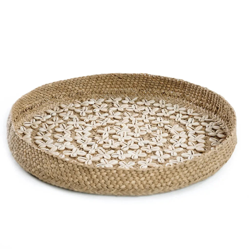 Plateau rond tissé avec accents de coquillages pour La plaque de coquillage Costa Blanc naturel M_40