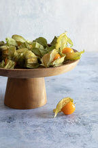 Plateau à gâteau en teck avec physalis, fabriqué en bois massif de 28 cm