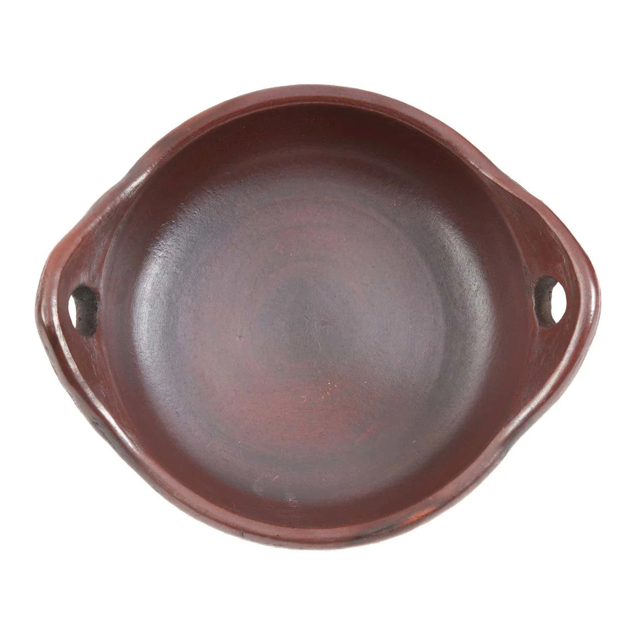 Plat creux en terre cuite brune avec anses, rond, maroon, cuisson artisanale