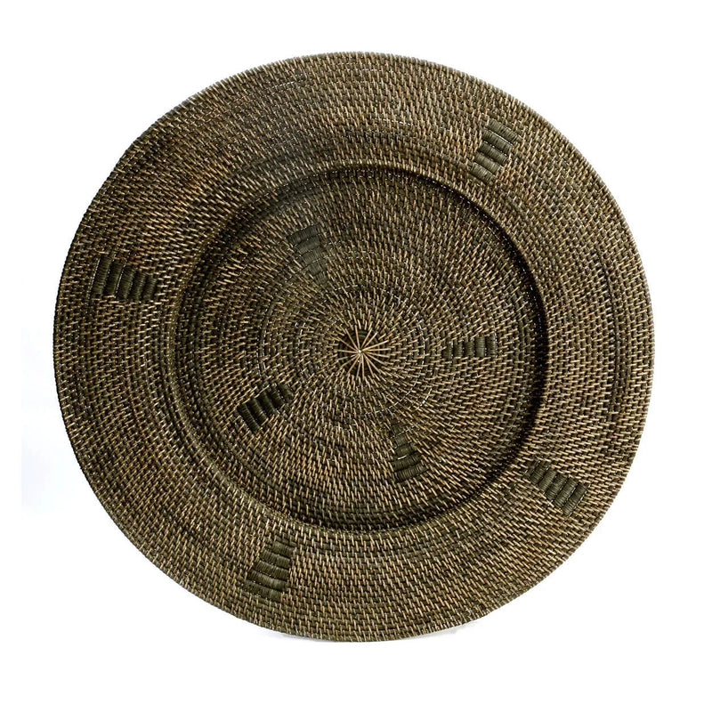 Plateau mural rond en rotin tressé brun motifs ethniques – Ø80 cm