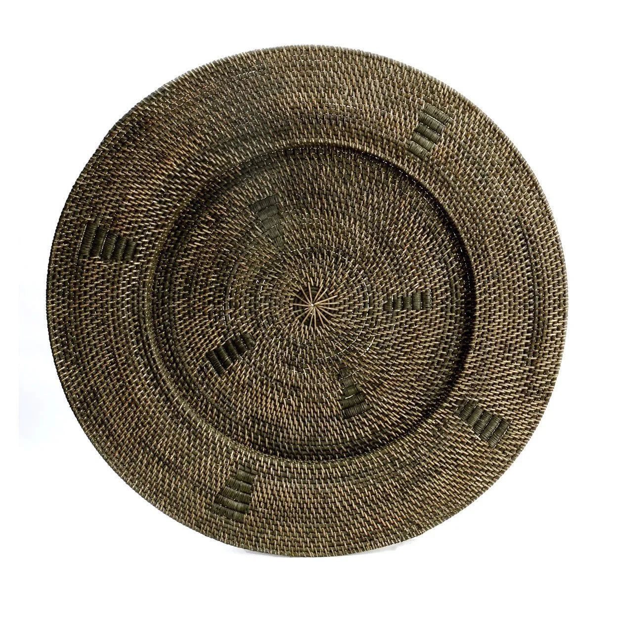 Plateau mural rond en rotin tressé brun avec motifs ethniques, diamètre 80 cm