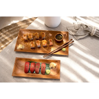 Plateau en racine de teck naturel rectangulaire pour apéritif avec sushi, gingembre, wasabi