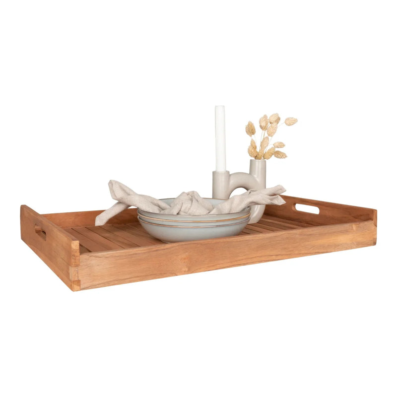 Plateau rectangulaire en teck naturel avec poignées ajourées – 58x38 cm