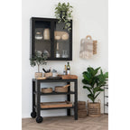 Meuble vitré noir mat minimaliste avec vaisselle, plateau teck 58x38 cm