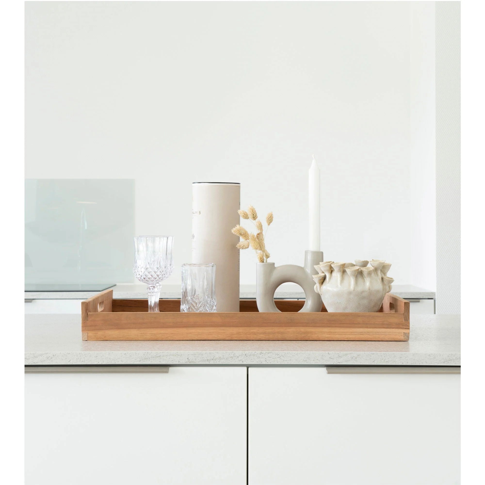 Plateau rectangulaire en teck naturel avec poignées ajourées 58x38 cm