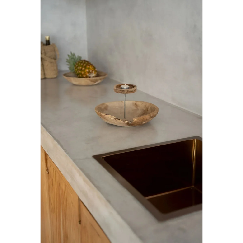 Plateau rond en bois de teck naturel à deux niveaux