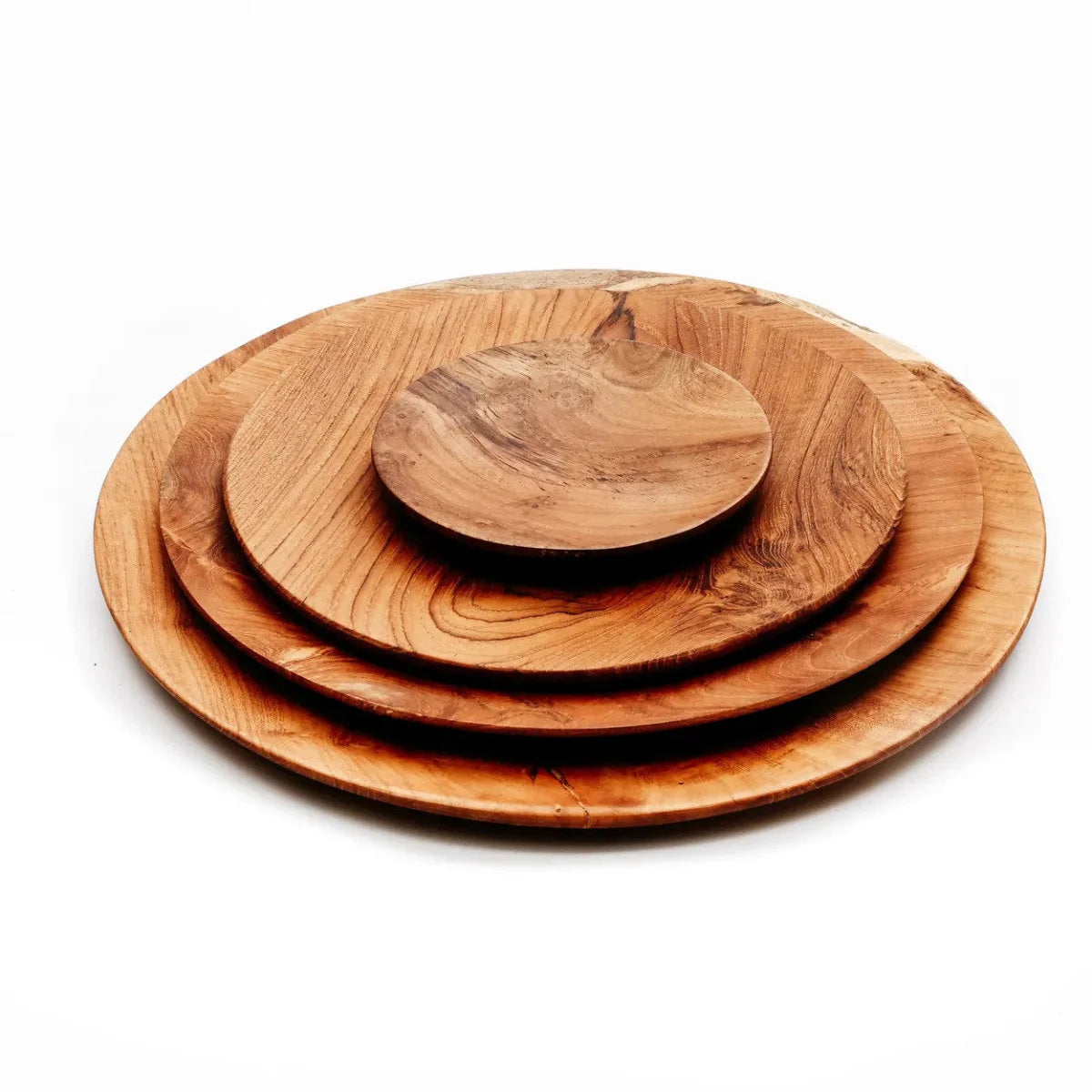 Ensemble de trois plateaux ronds en racine de teck avec grain naturel, diamètre 25 cm