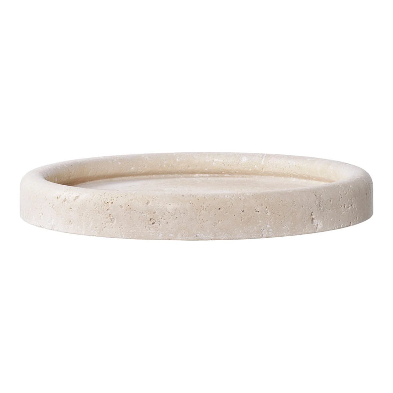 Plateau rond en travertin beige finition mate pour objets déco ou vide-poche