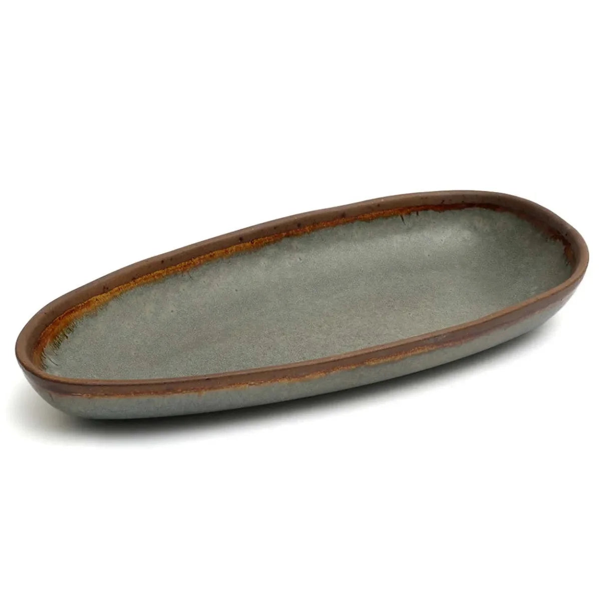 Plateau de service ovale en céramique grise bord marron – Lot de 4
