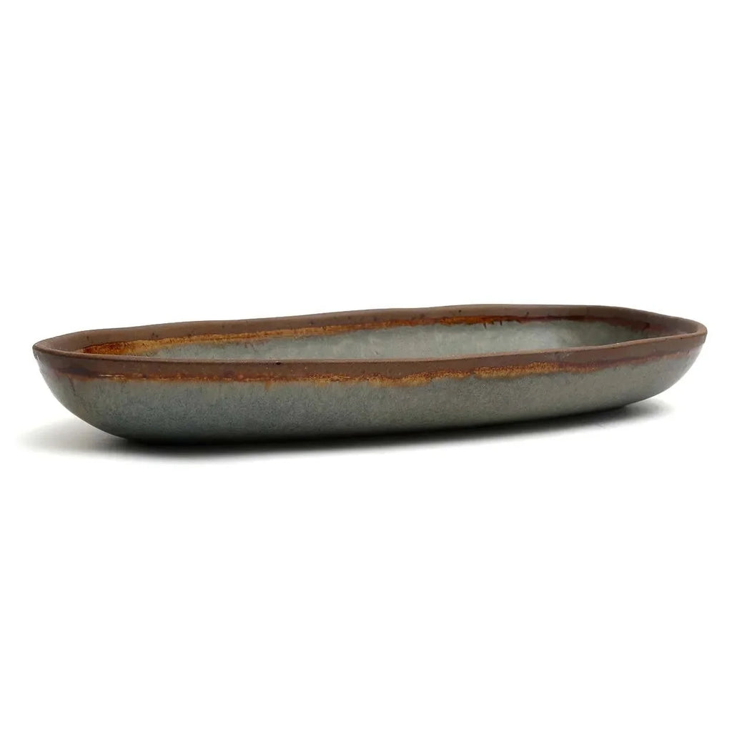 Plateau de service ovale en céramique grise avec bord marron, lot de 4