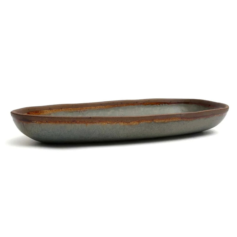 Plateau de service ovale en céramique grise bord marron – Lot de 4