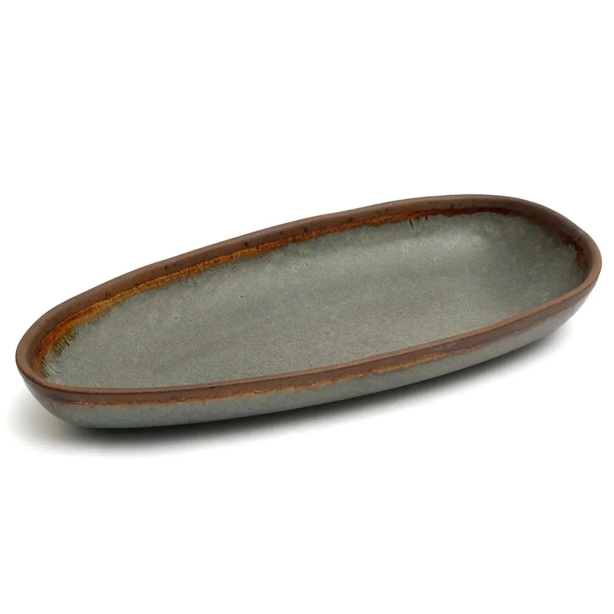 Plateau de service ovale en céramique grise avec bord marron, lot de 4