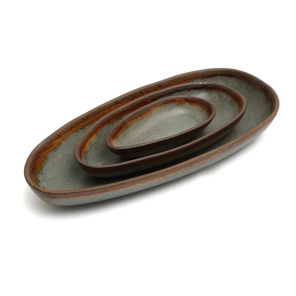 Trio de plateaux de service ovales en grès émaillé gris brun, faits main, 34x16 cm