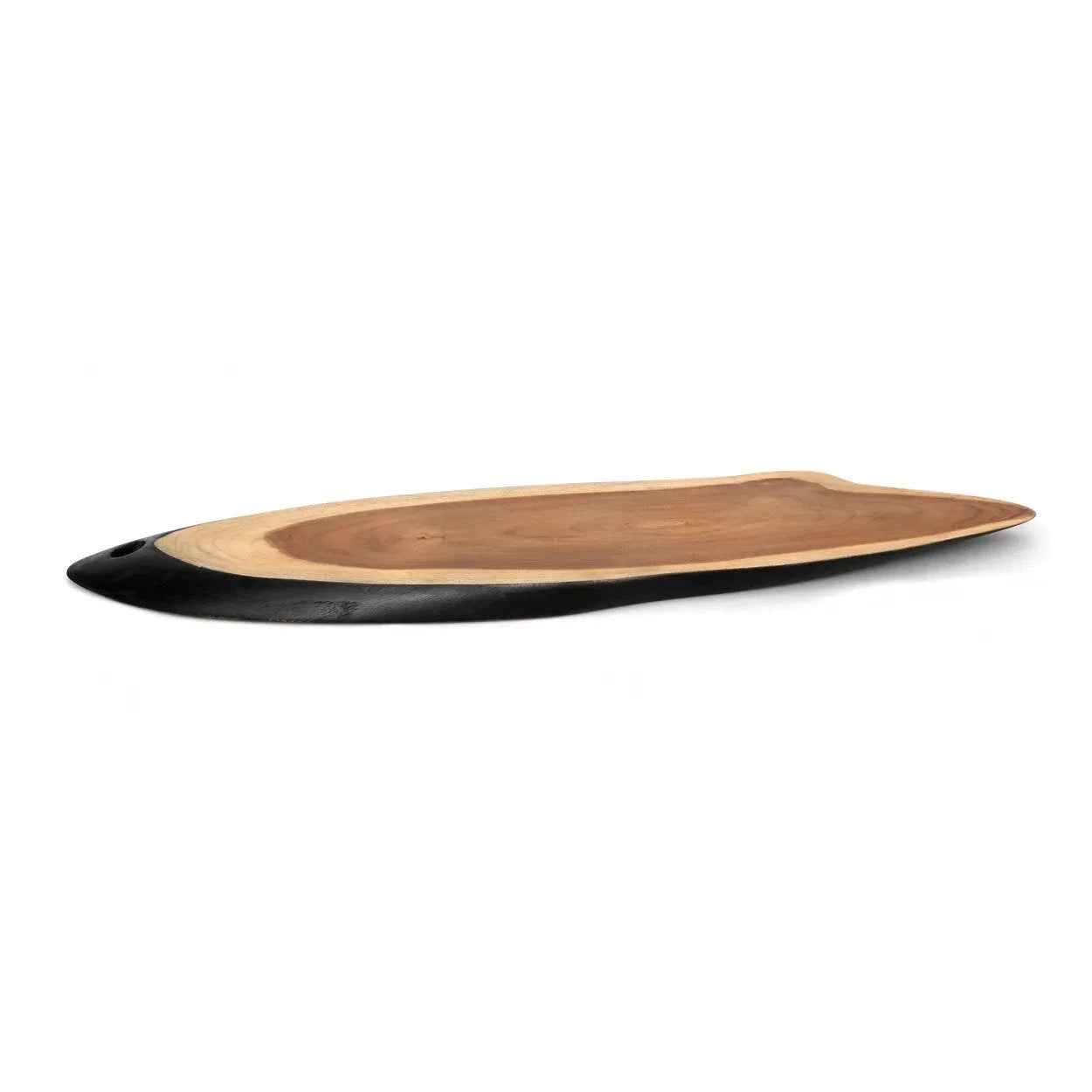 Plateau en teck allongé bicolore pour tapas et apéritifs avec extérieur sculpté et intérieur lisse
