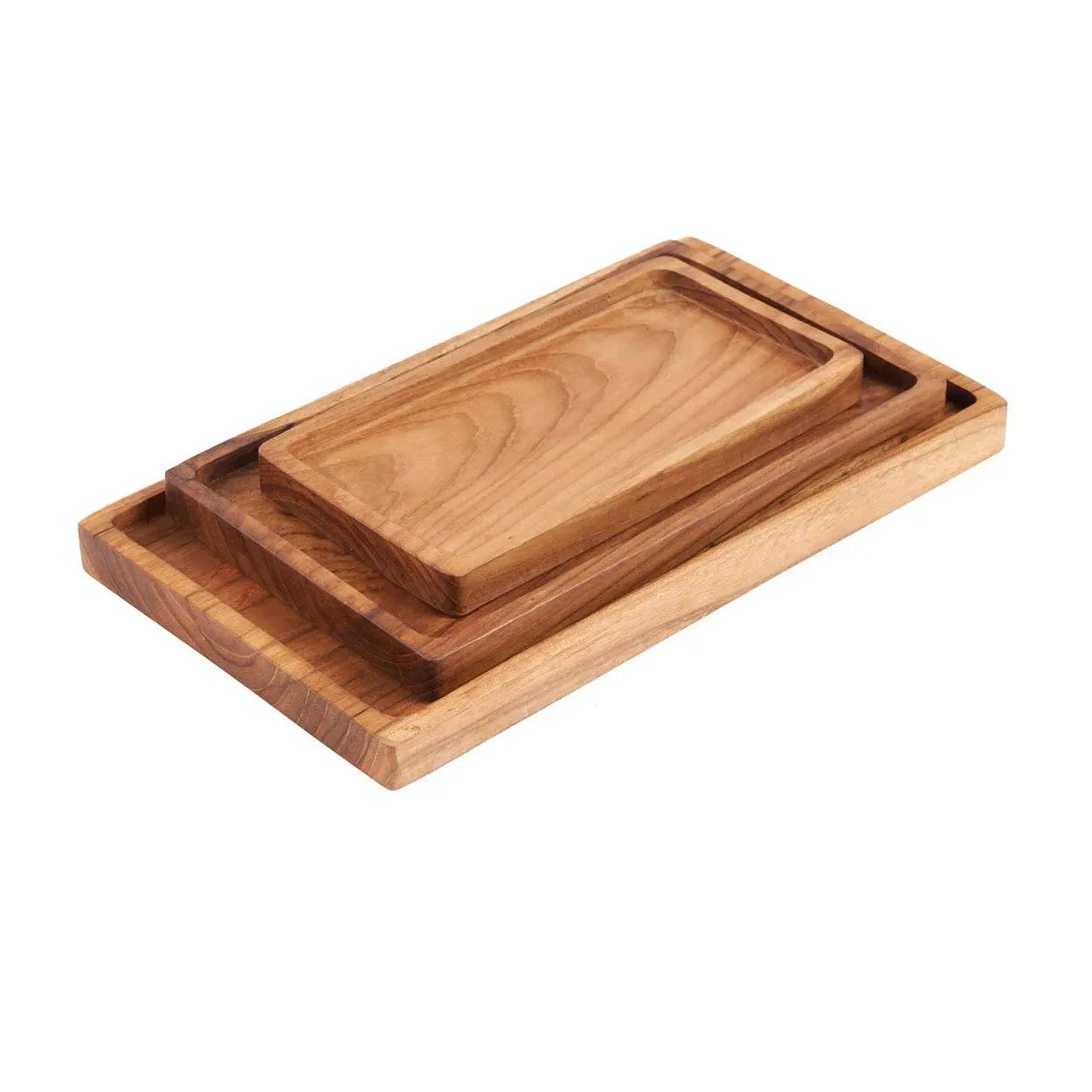Ensemble de trois plateaux rectangulaires en bois de teck naturel avec rebords