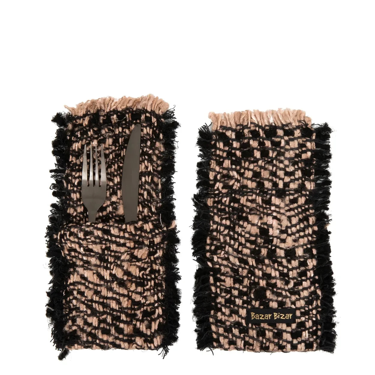 Deux porte-couverts en coton noir cuivre avec franges, lot de 4
