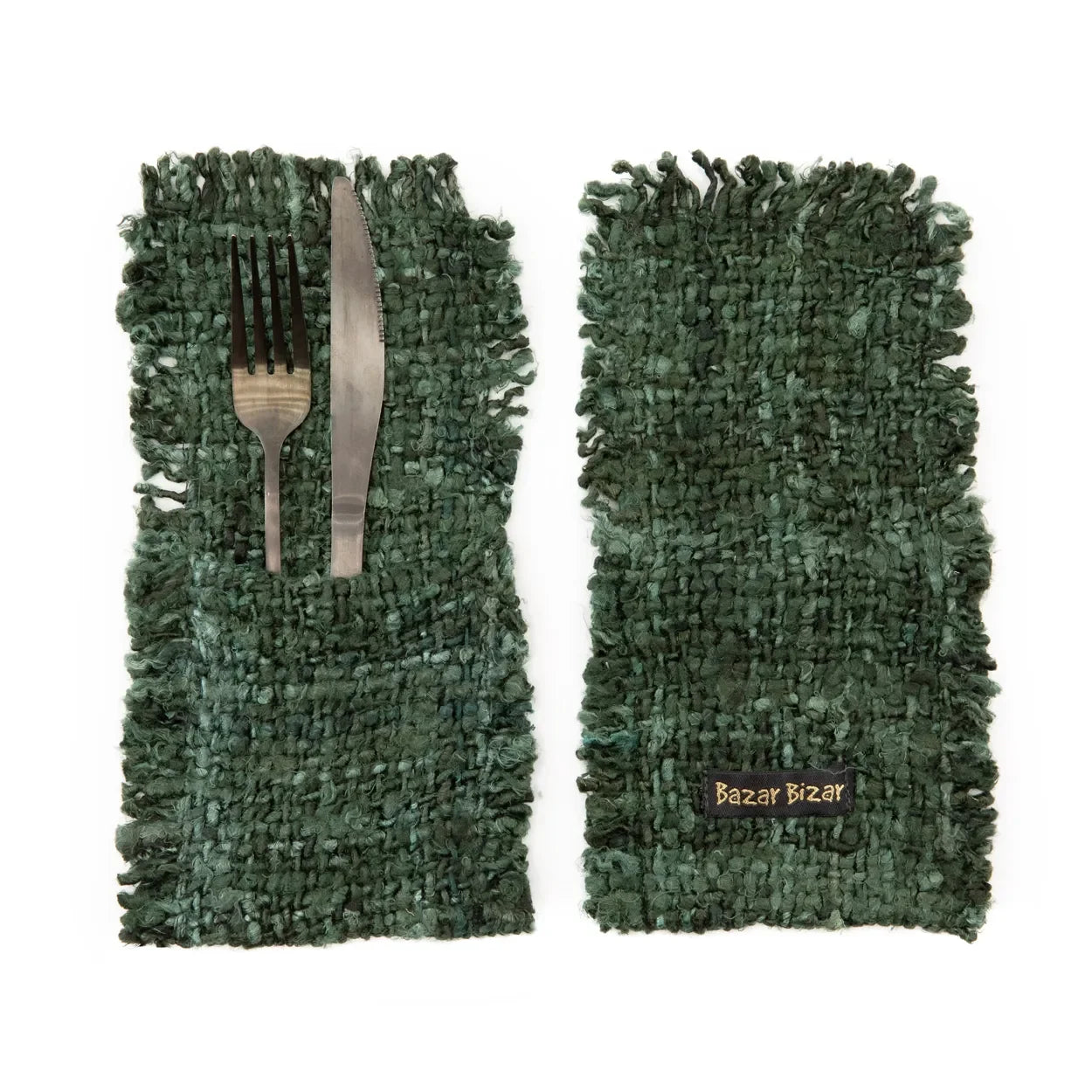 Pochettes à couverts en coton vert foncé avec frange, lot de 4, 25x13 cm