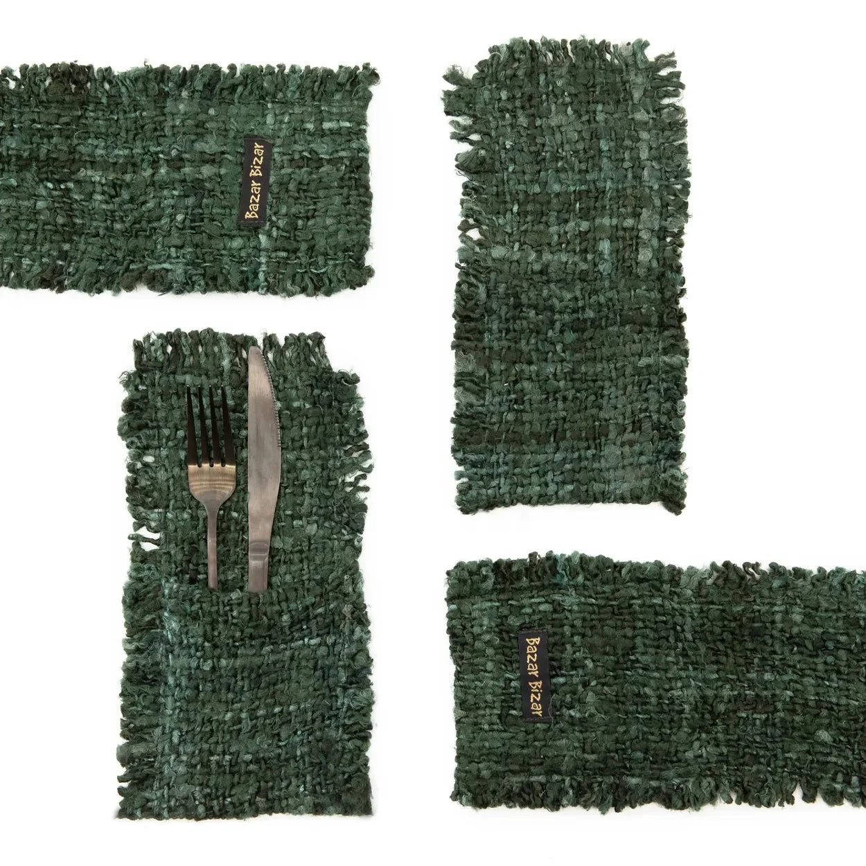 Set de 4 sets de table en coton vert foncé avec bords frangés pour Pochettes à couverts