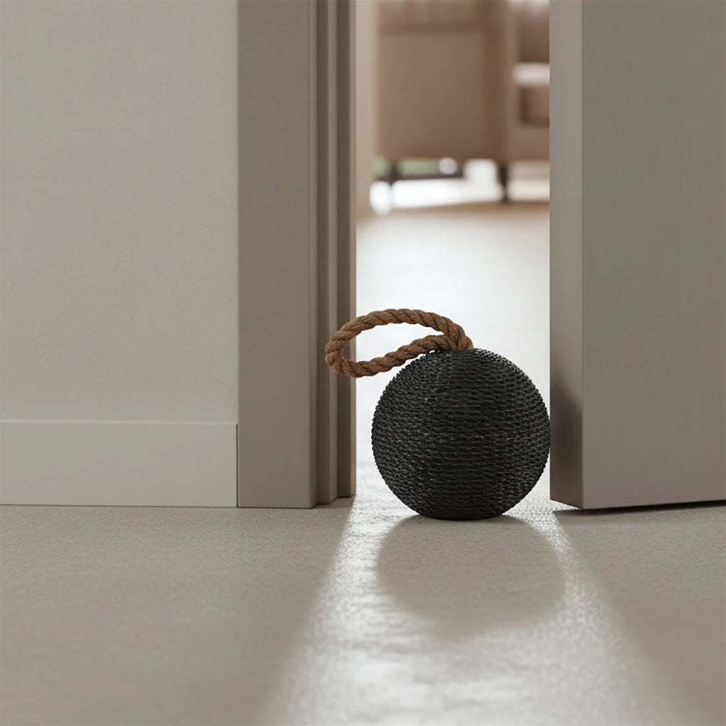 Poids de porte sphérique anthracite tressé avec poignée jute brune