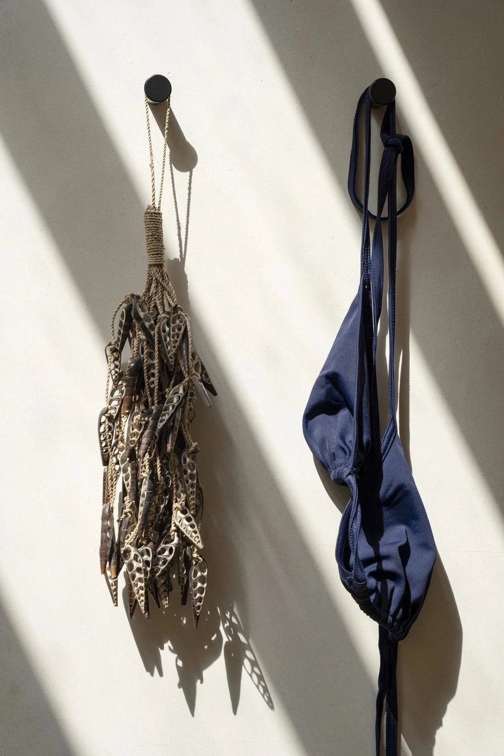 Décor mural avec coquillages naturels marron et maillot de bain suspendu