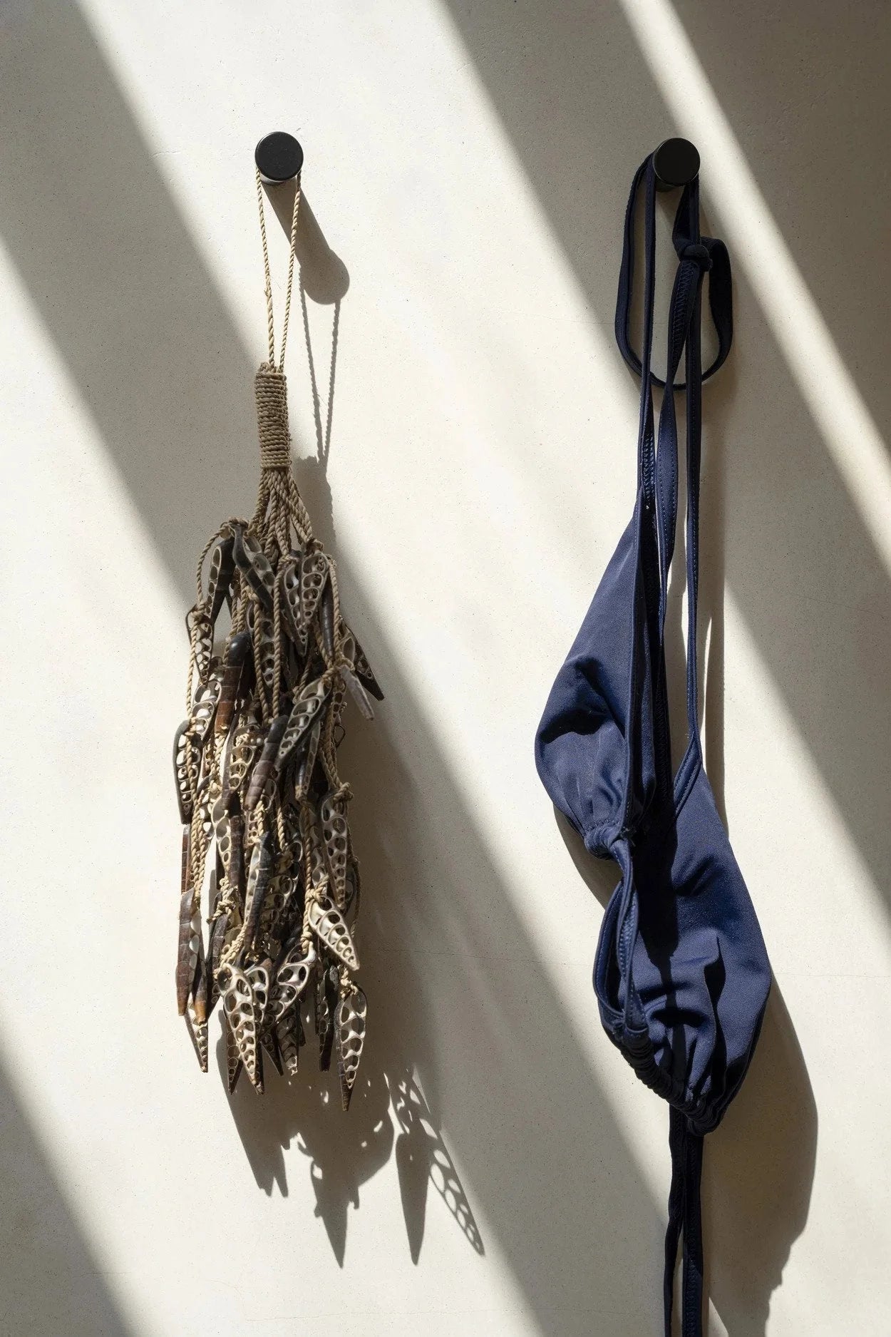 Décor mural avec coquillages naturels marron et maillot de bain suspendu