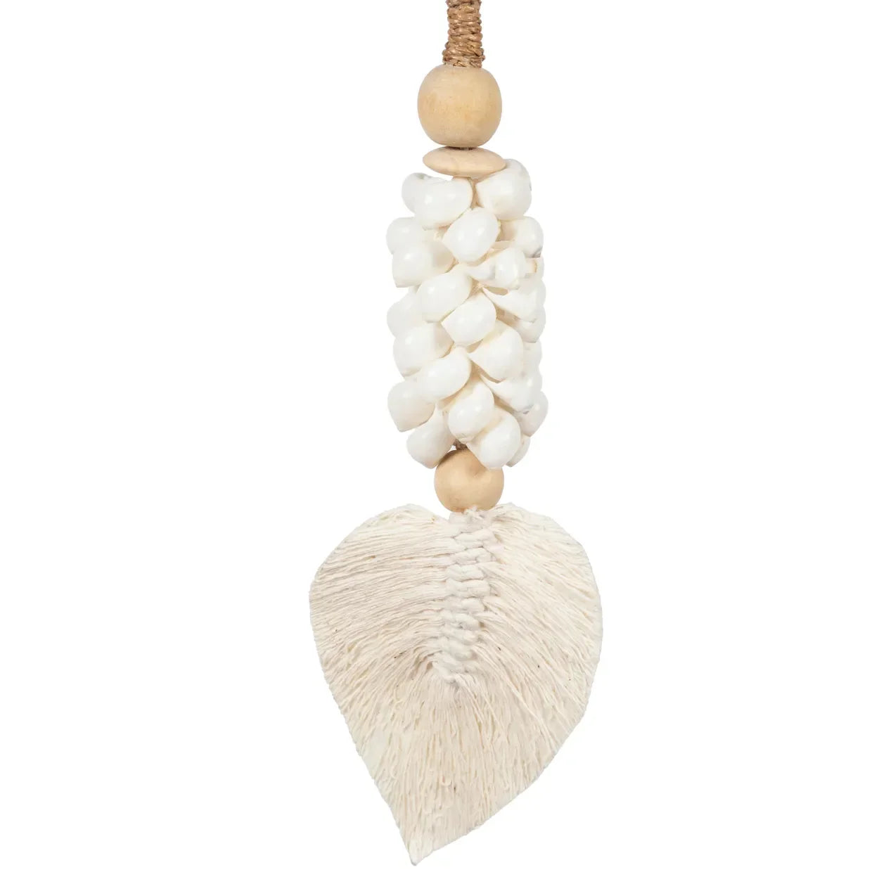 Décoration murale en coquillages blancs avec suspension de coquillage et feuille en fibre