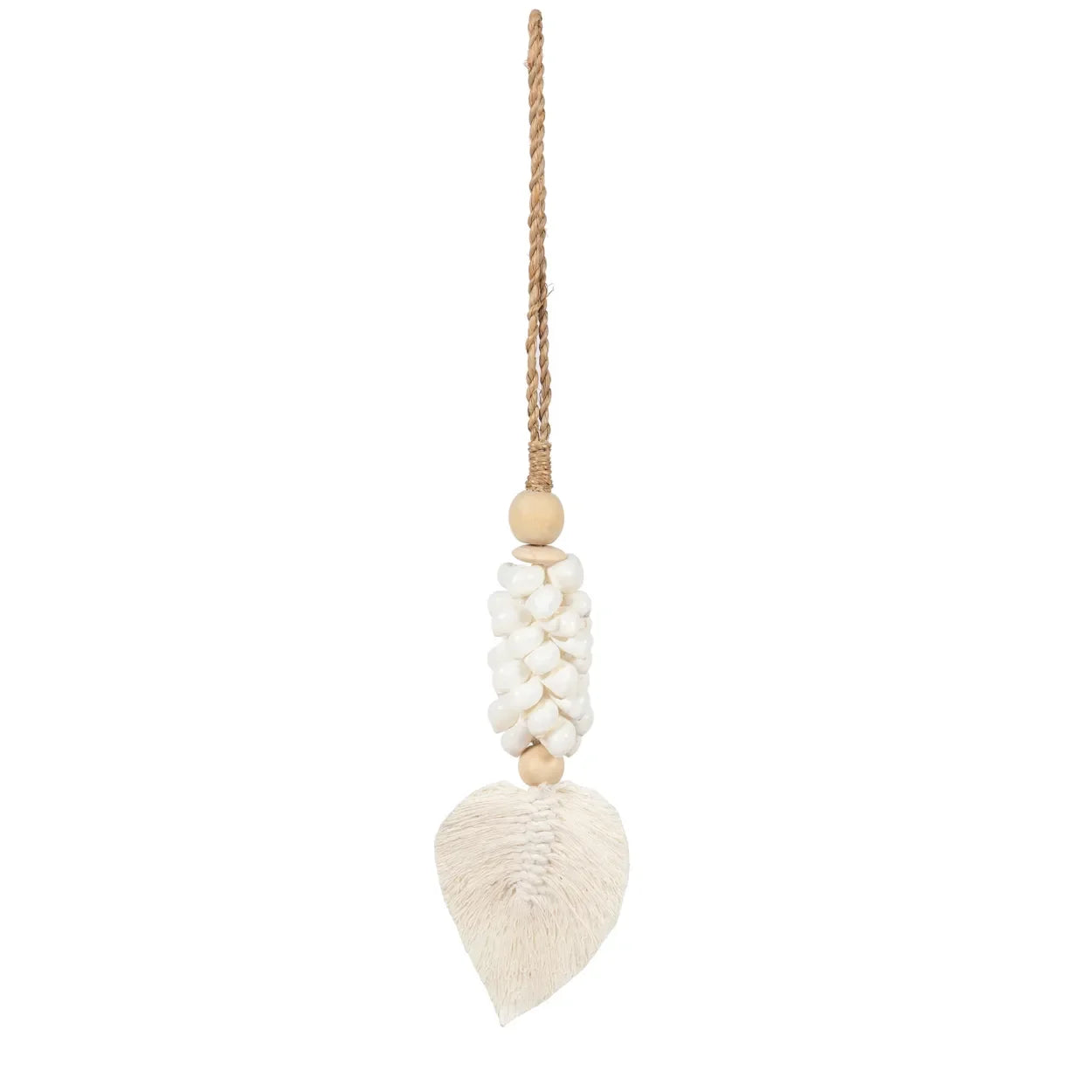 Décoration murale en coquillages blancs avec motif en macramé feuille de 35 cm