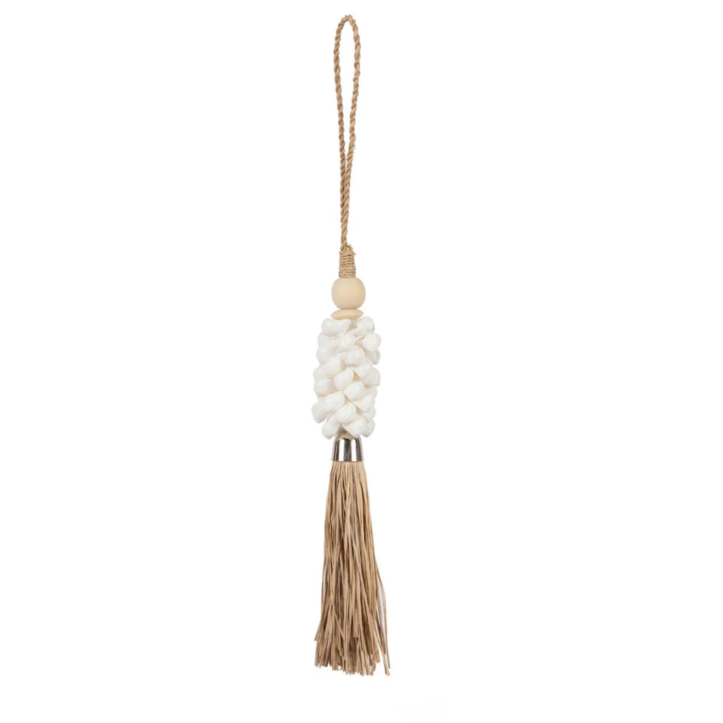 Tassel décoratif en coquillages cauris, corde et raphia avec perle en bois