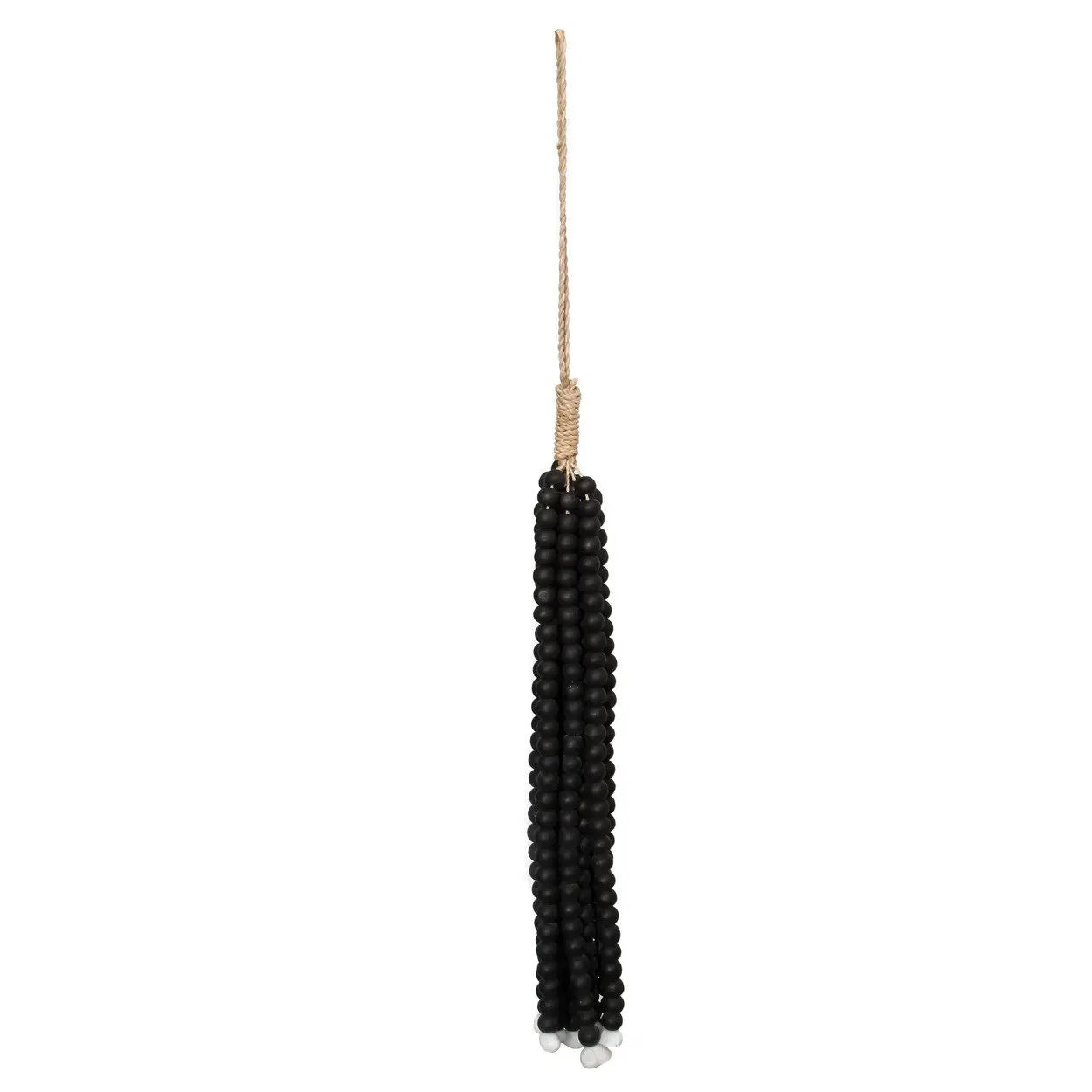 Tassel en perles de bois noires suspendu par un cordon naturel en jute