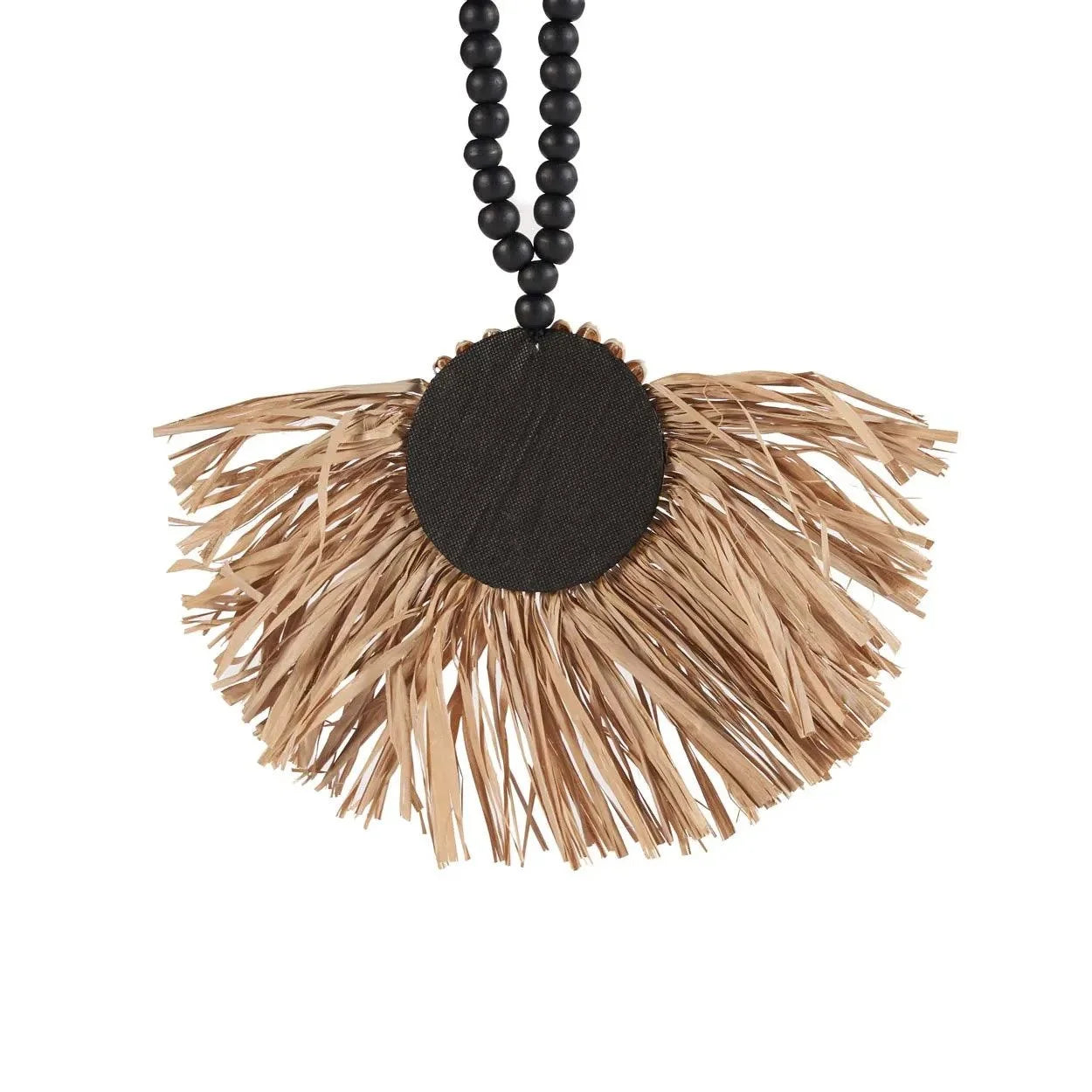 Collier en perles noires avec pampille en raphia et fleur centrale Jacques