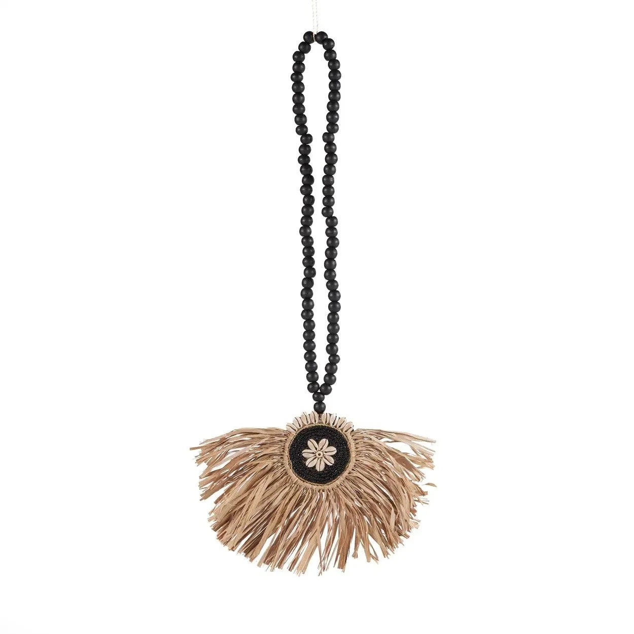 Ornement de pampille en perles et raphia noir et naturel avec fleur centrale