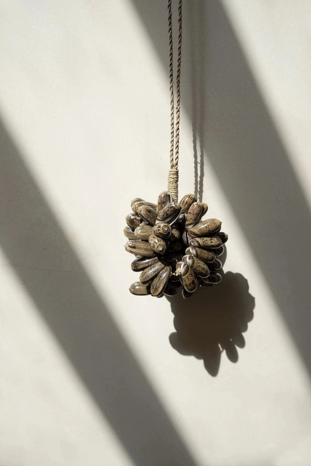 Pompon suspendu en coquillages naturels marron avec gousses suspendues pour mur ou rideau