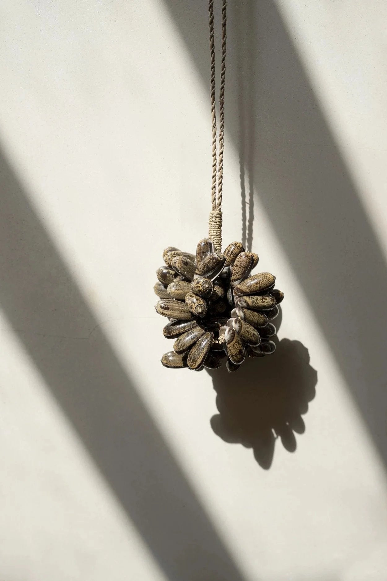 Pompon suspendu en coquillages naturels marron avec gousses suspendues pour mur ou rideau