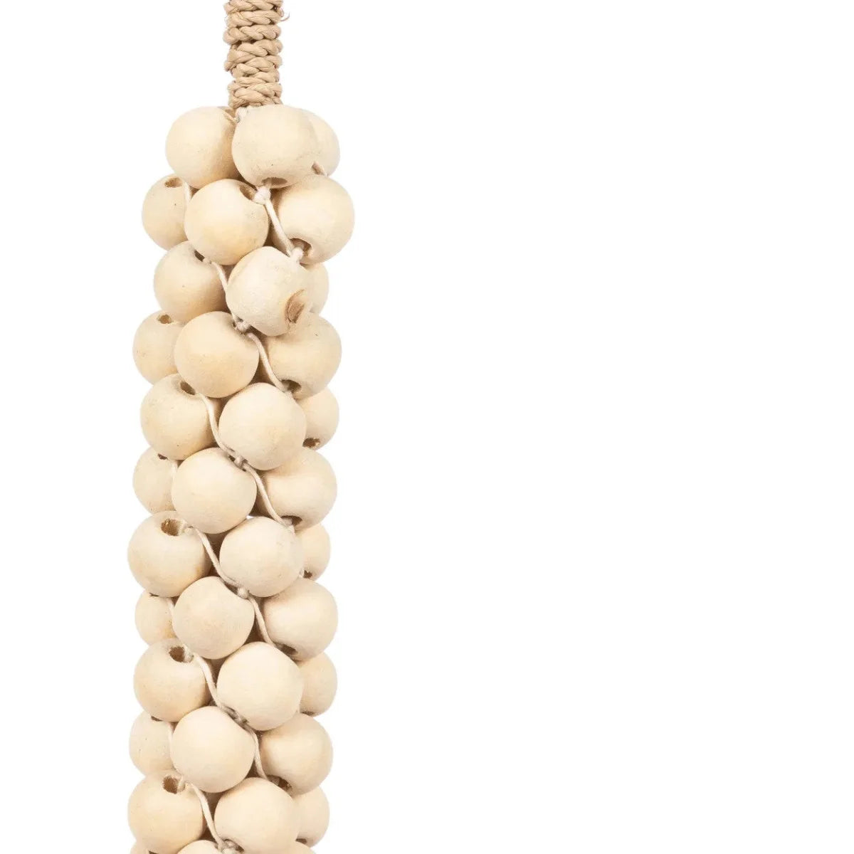 Collier pompon suspendu en perles de bois et coton blanc naturel