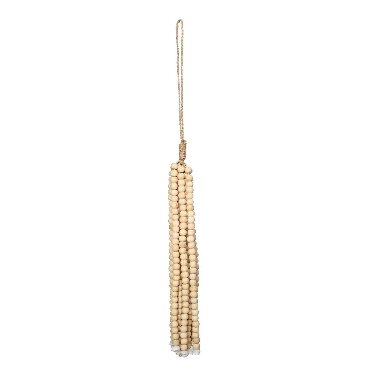 Décoration suspendue en perles de bois naturel fait main avec pompons et tassel au design bohème