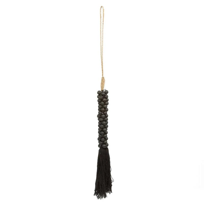 Pompon suspendu en perles de bois noir et corde naturelle