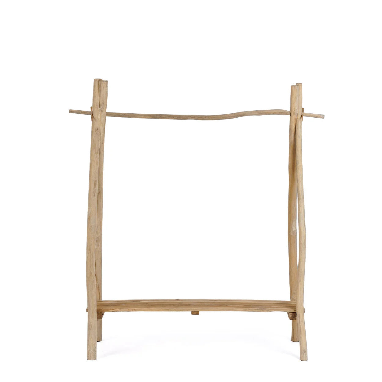 Portant à vêtements en teck naturel avec tringle branche et étagère 120x50 cm